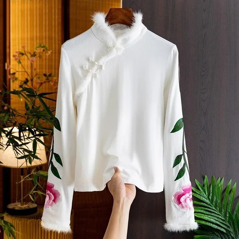 Autumn New Mink Hair Blouse Chinese Style Vintage White Shirt Women Sweet Ruffled Collar Floral Embroidery Tops Clothes 29941