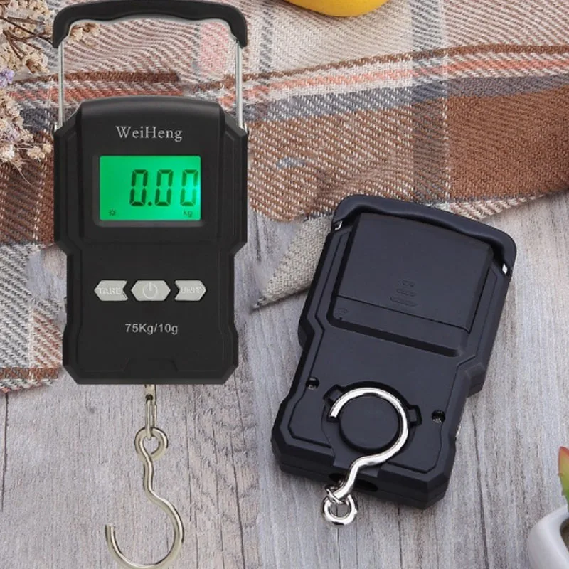 75kg/10g Portable LCD Electronic Hand Scale Handheld Electronic Scale Fishing Hook Scale with Retractable Measuring Tape