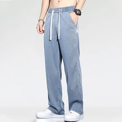 2024 Summer Jeans forMen Thin Soft Lyocell Fabric Loose Straight Wide Leg Pants Drawstring Elastic Waist Casual Men's Trousers