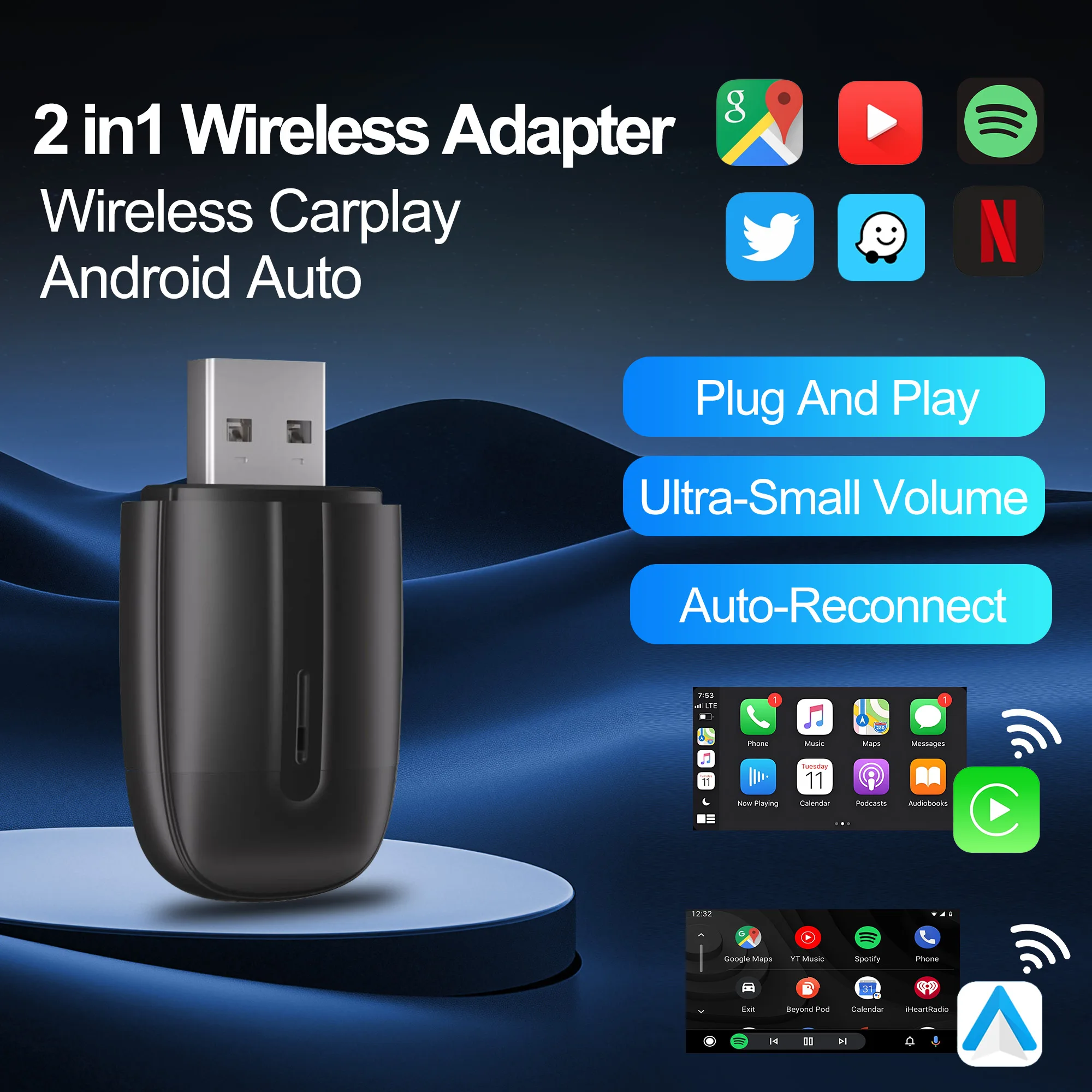 

2IN1 Wired to Wireless CarPlay Box & Android Auto Car Ai Smart Box Plug & Use For Audi Mercedes Volvo Volkswagen Car Intelligen