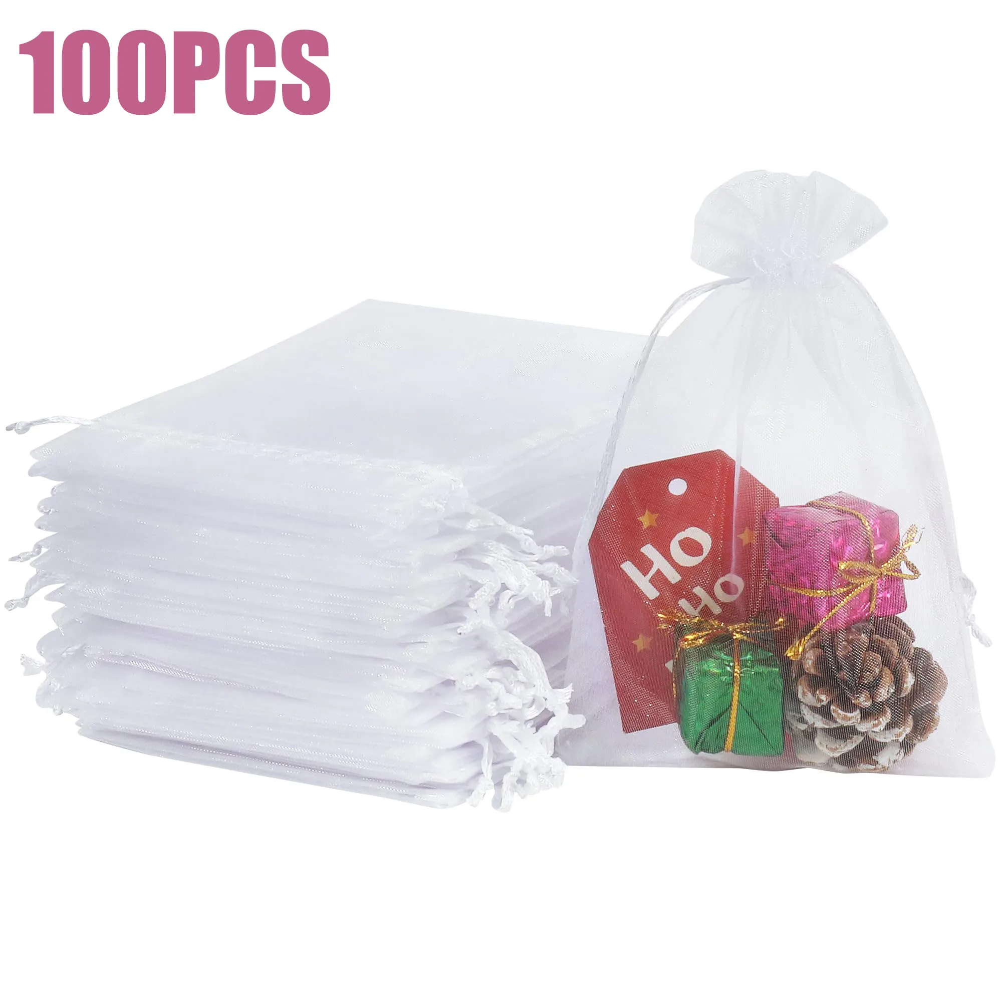 100 szt. Torebek z organzy na prezenty świąteczne, woreczki ze sznurkiem do pakowania biżuterii, na cukierki, woreczki na biżuterię, woreczki na prezenty ślubne, woreczki z organzy