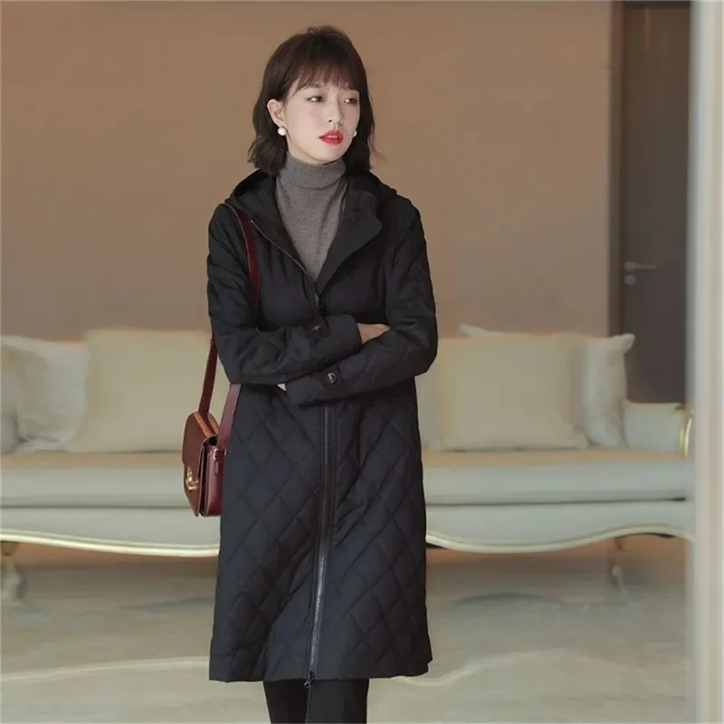 Abrigo elegante a cuadros con capucha para mujer, Parka larga, versátil, delgada, de algodón, Color sólido, a la moda, Otoño e Invierno