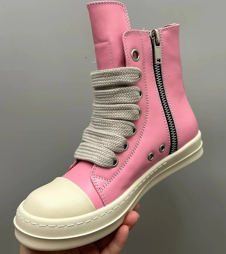 Brand Men Shoes Casual Genuine Leather Jumbo Shoelace Flats High to Ankle Boots Women Owens Original Luxury Designers Sneakers