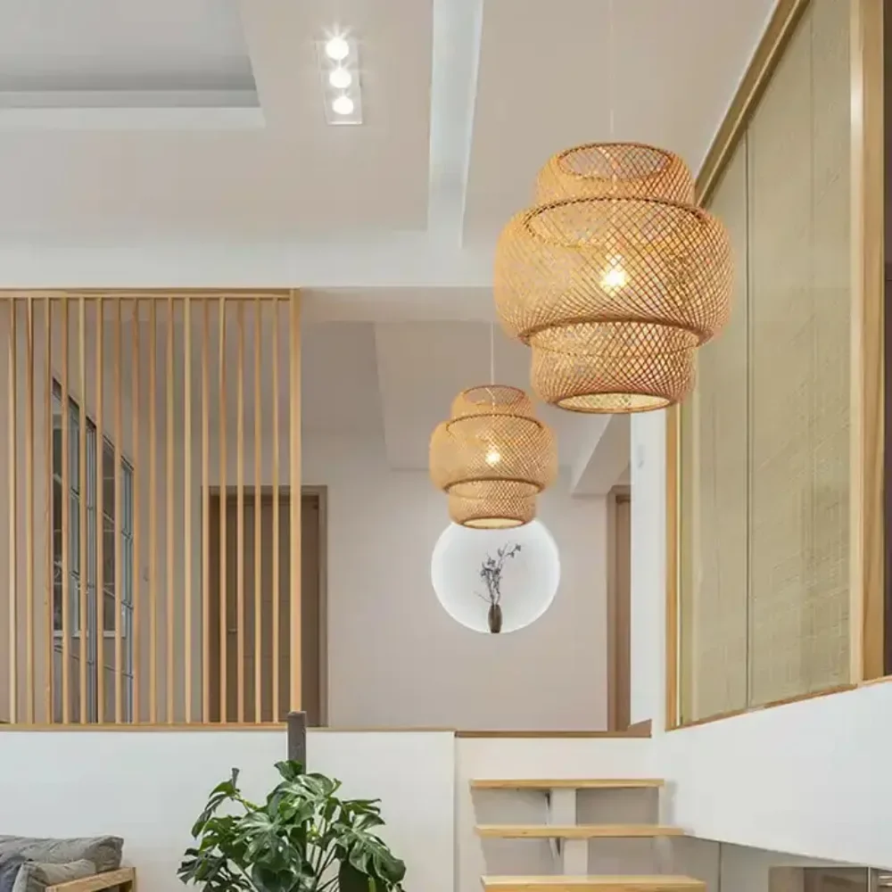 Chinese Natural Rattan Pendant Lighting Fixture E27 for Restaurant Easy Installation Light Kit Hand Knitted Style Weaving