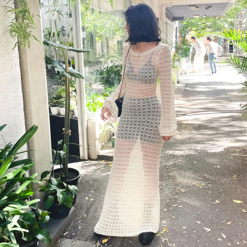 

Summer Y2K Knitted Hollow Out Maxi Dress Beach Holiday See Through Cover-Ups Wrap Bodycon Chic Women Backless Long Dresses