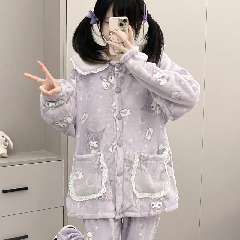 

Фланелевые уютные утолщенные теплые пижамы и пижамы Kuromi с героями мультфильмов для милых девочек, студенческие пижамы и пижамы, модная женская простая домашняя одежда