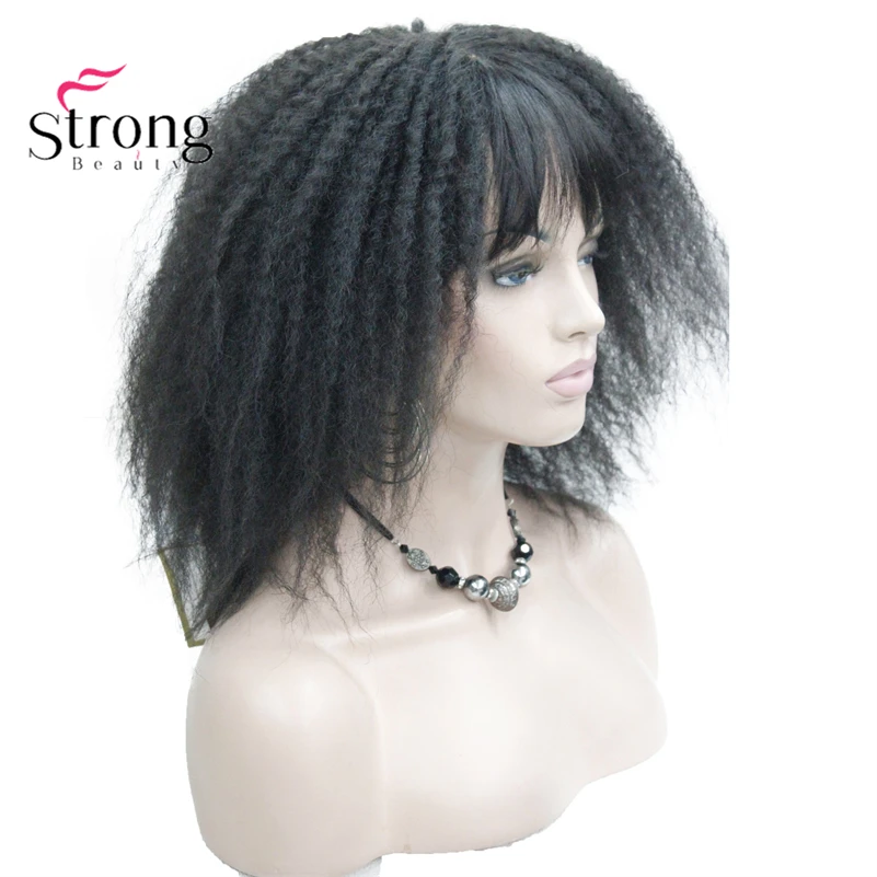 StrongBeauty Afro Kinky Curly Medium Length Black Brown Wig with Bangs Senegal Style Synthetic Hair Wigs