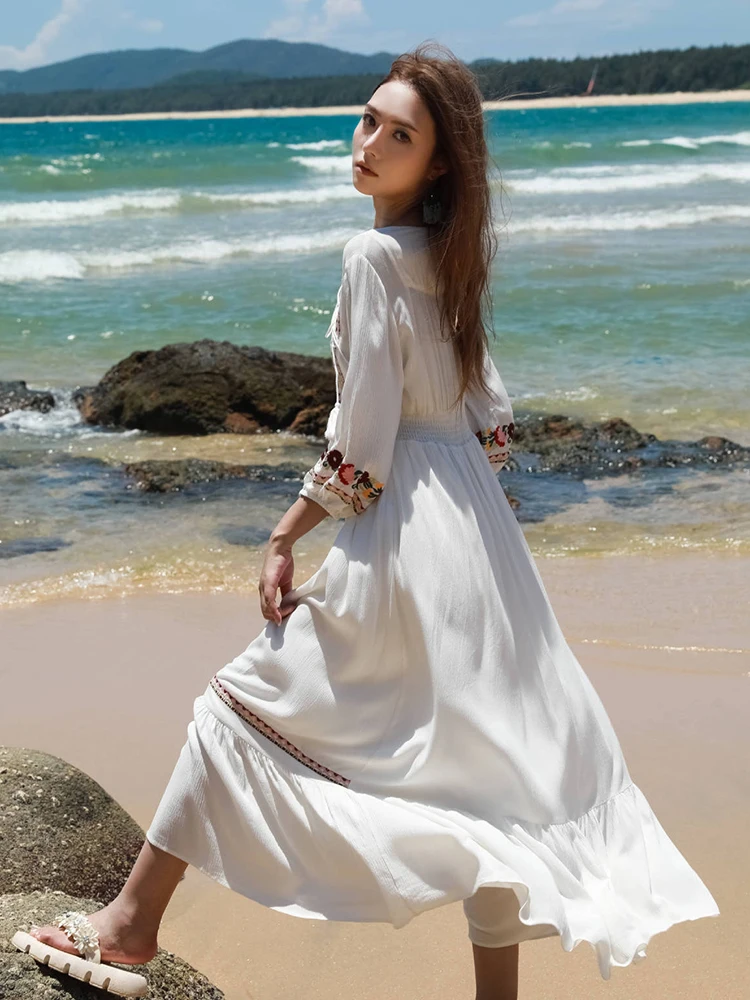 KHALEE YOSE-Robe brodée florale pour femme, style boho rétro, en coton blanc, manches longues, robes de plage, nouvelle collection éducative