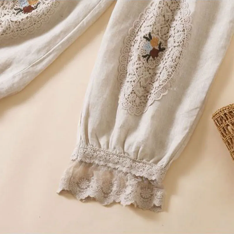 Bloomers Lace Linen Solid Casual Elastic High Waist Loose Wide Leg Women's Pants Ankle-Length Pants For Women Clothing 2024