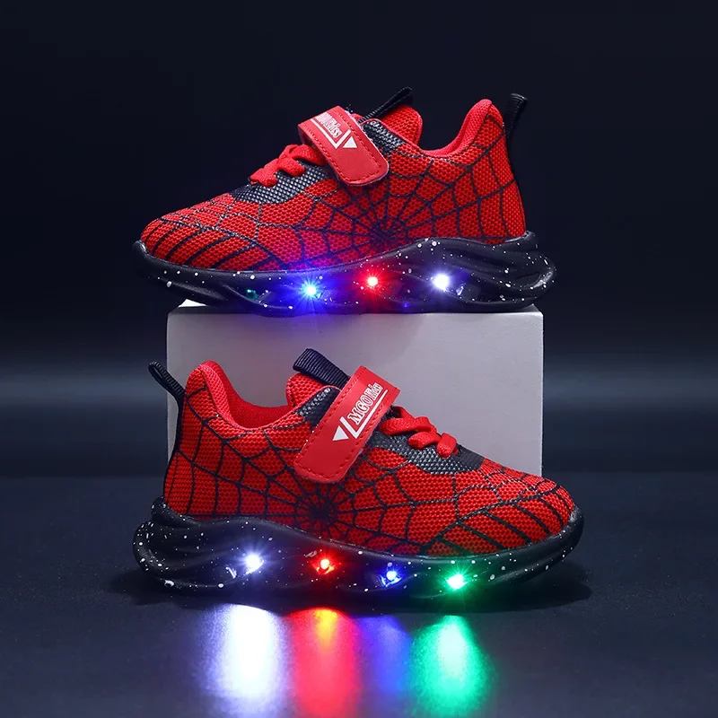 Disney LED Casual Sneakers Spider-Man Red Black For Spring Boys Mesh Outdoor Shoes Children Lighted Non-slip Shoes Size 21-30