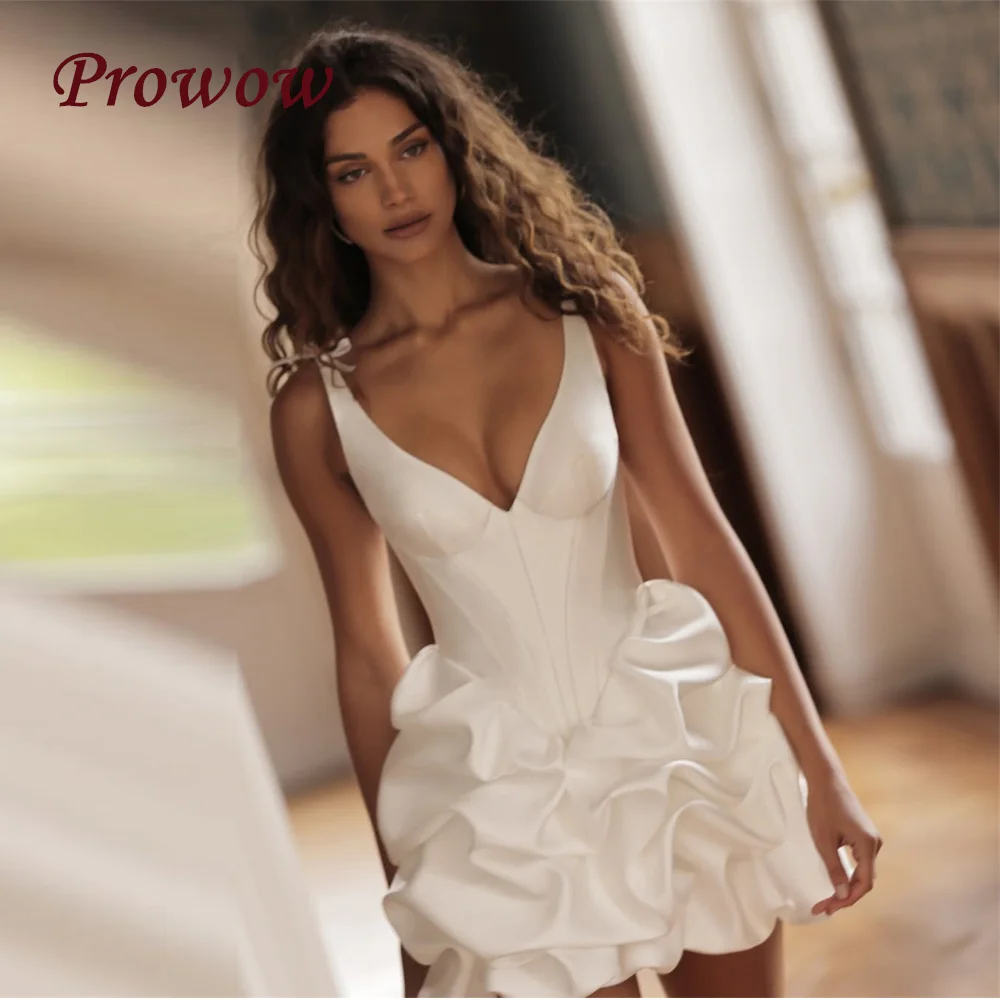 

Prowow Modern Boho Short Wedding Dresses Sexy Deep V-Neck Sleeveless Ball Gowns Bride Dresses Pleats Satin Lace Up Customized