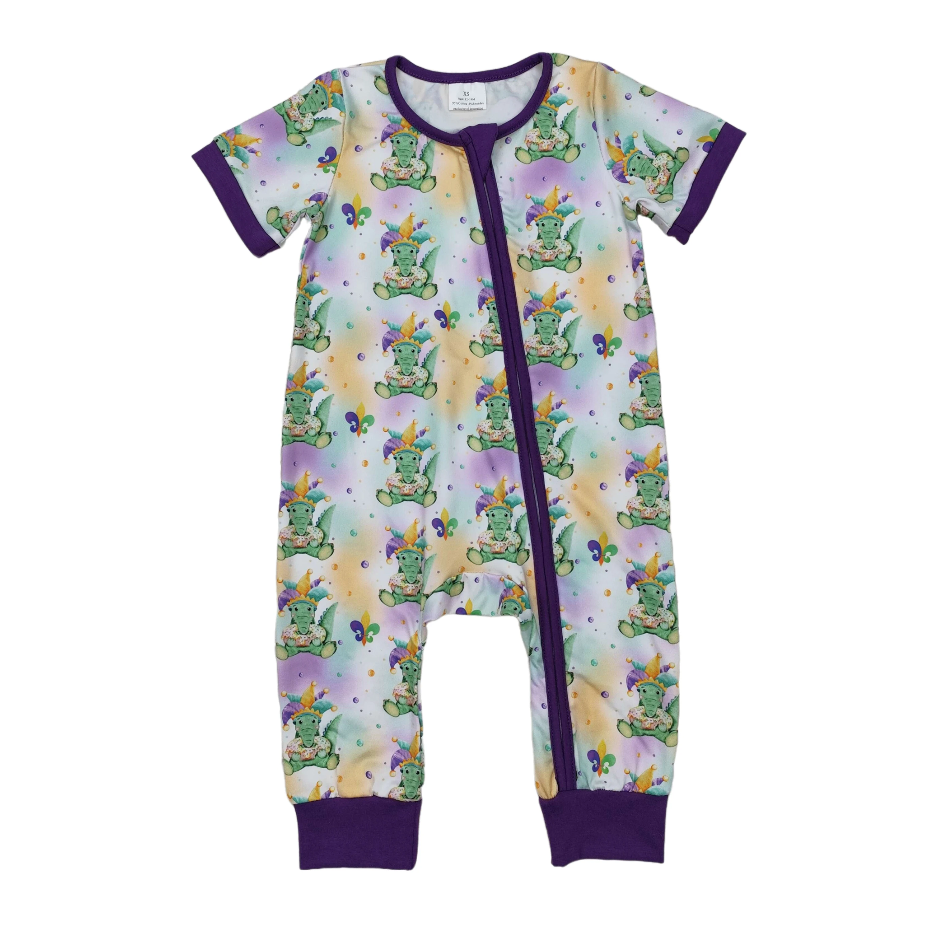 Wholesale Newborn Coverall Bodysuit Jumpsuit Baby Boy Mardi Gras Short Sleeves Romper Kids Toddler Purple One-piece Clothing