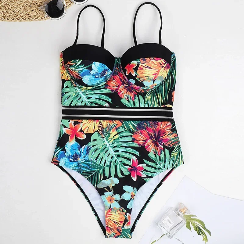 Green Print One Piece Swimsuit for Women Sexy Hard Cup Adjustable Shoulder Strap Bikini 2025 New Backless Summer Beach Swimwear view 3