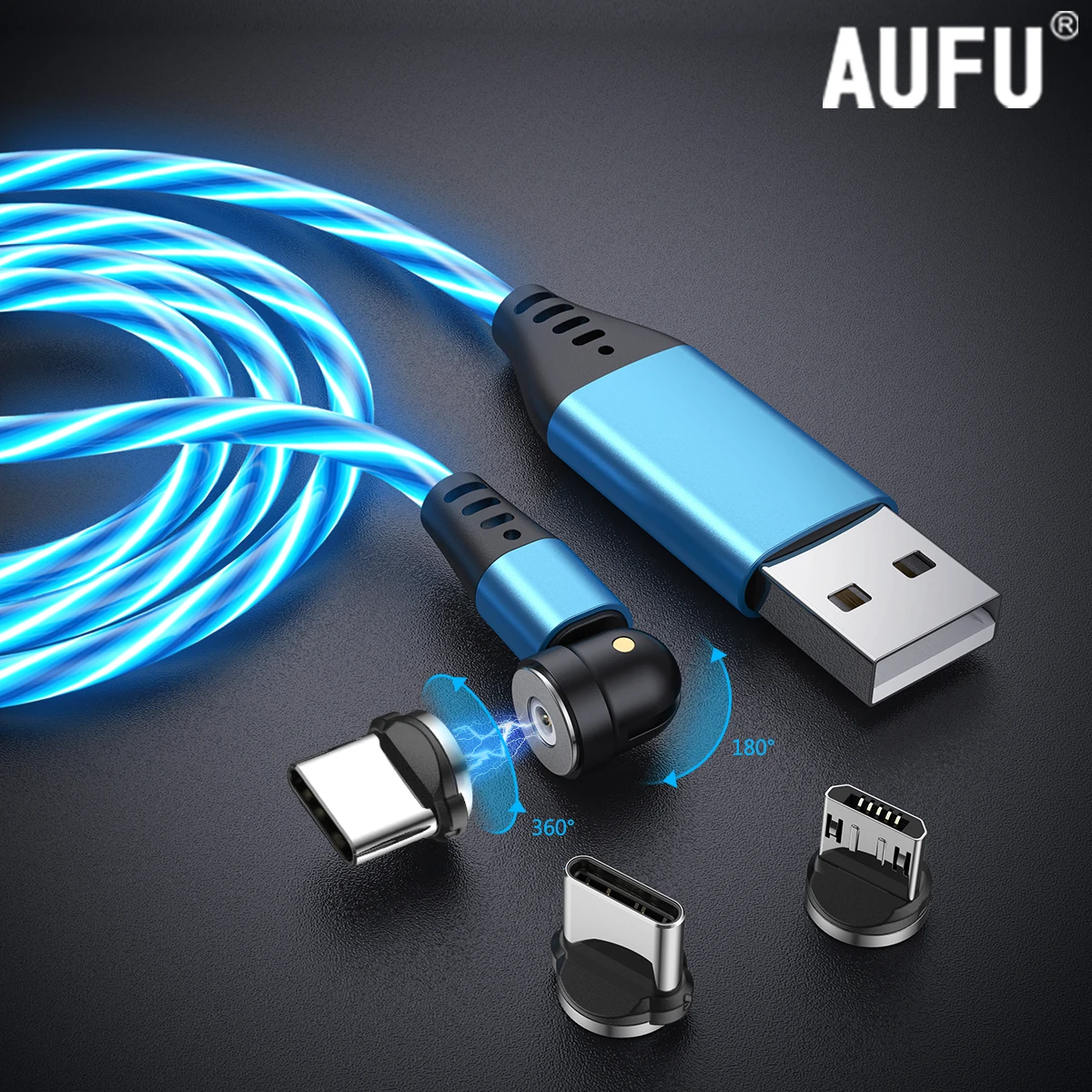 AUFU Flowing LED Magnetic Charging Mobile Phone Cables USB C Cable Magnet Charger For iPhone Samsung Micro USB Type C 540 degree