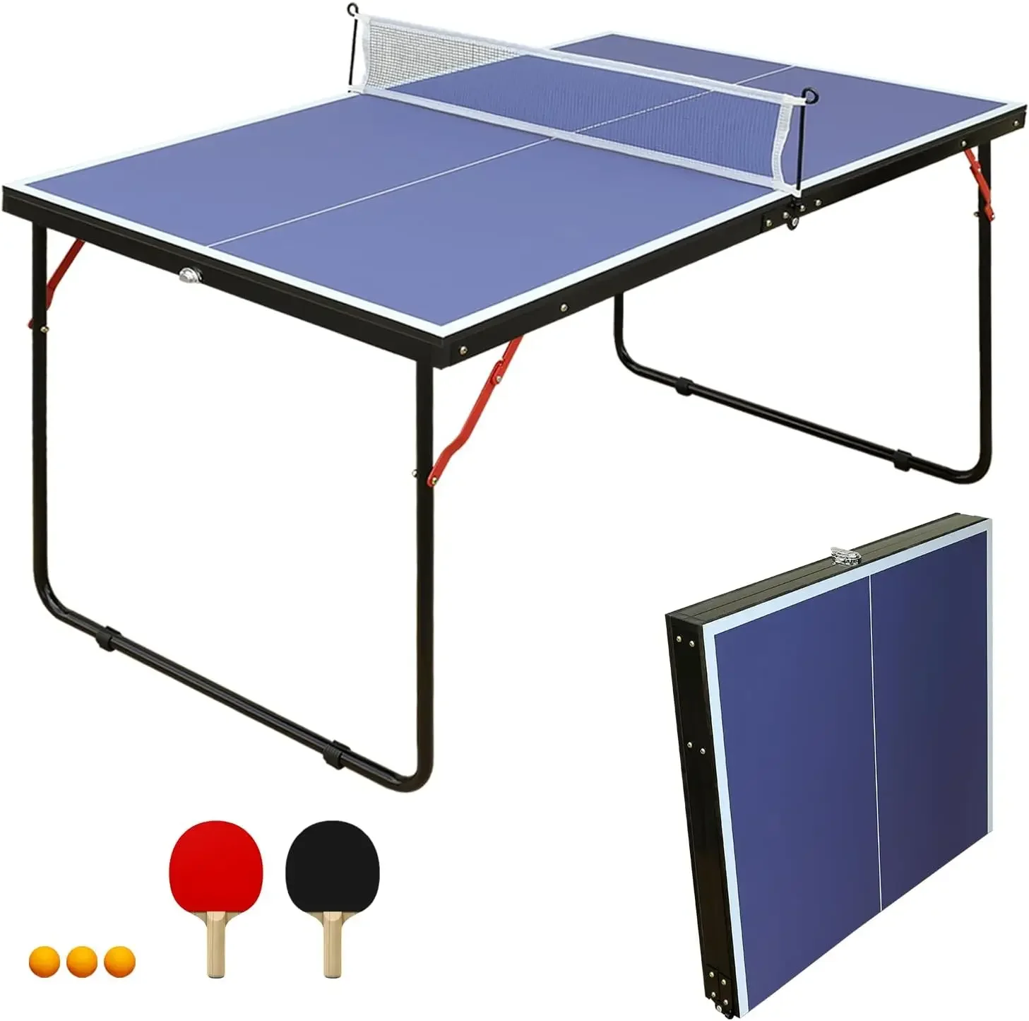 4.5/6ft  Portable Ping Pong Tables Set, Foldable Table Tennis Table with Net, 2 Paddles & 3 Balls, Family Game Tables for Indoor