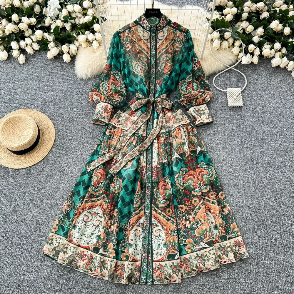 시크한 프린트 기본 스탠드 넥 슬림 싱글 브레스트 랜턴 슬리브, 레이스업 원피스 빈티지 여성 하이 스트리트 이브닝 파티 의류