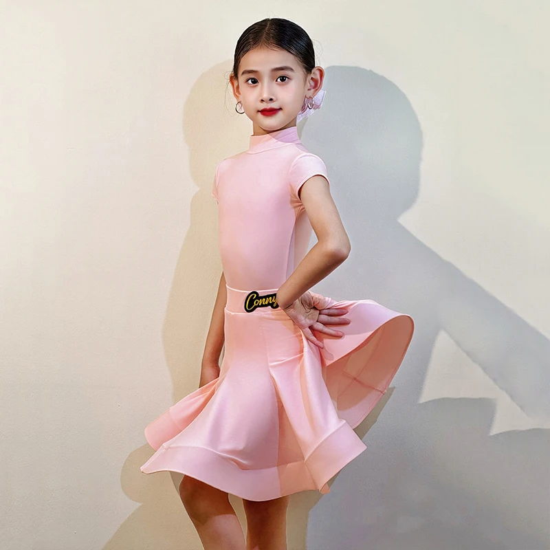 Nieuwe Professionele Latin Dans Jurk Meisjes Zomer Latin Competitie Pak Kinderen Korte Mouw Dansvoorstelling Kostuum Roze VBH1884