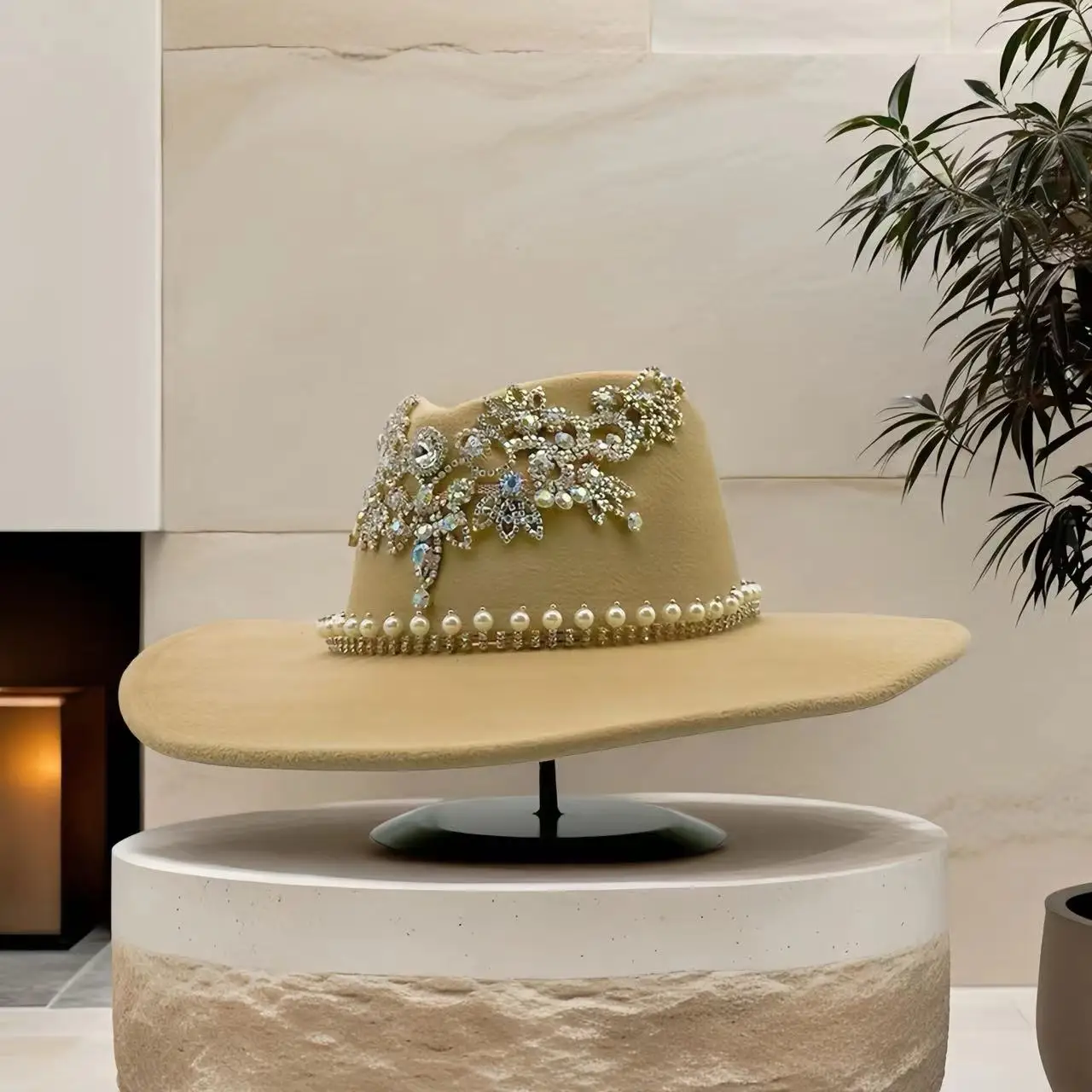 HongLuan Khaki Disco Kostüm Hut Erwachsene, Cowboyhüte Strass für Frau, Cowboy Cosplay Damen Accessoires & Cowgirl Cap