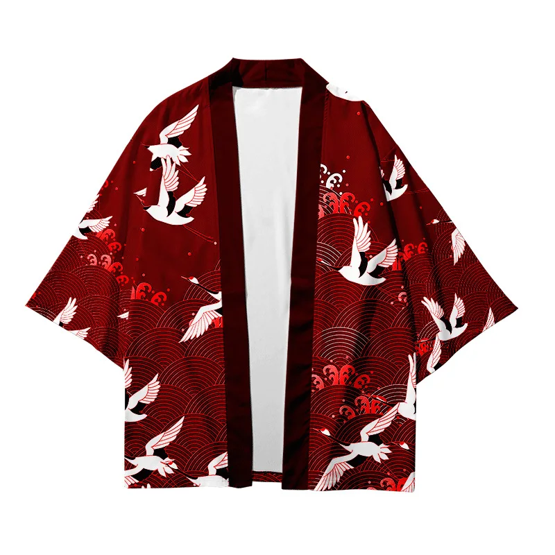 2024 Summer Asian Traditional Dress Men's and Women's Crane Printed Kimono Cardigan Harajuku Yukata Dark Haori Shirt Jacket