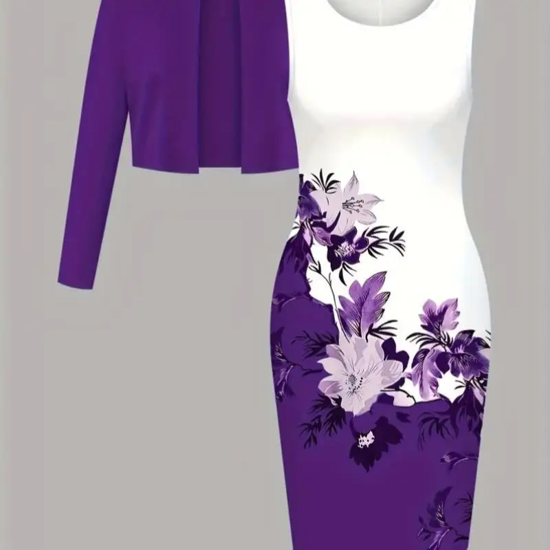 

Women's Two-Piece Set Long Sve Dr with Open Cardigan Spring 2026 Chinese Sle Collar Seven-Quarter Sve Length