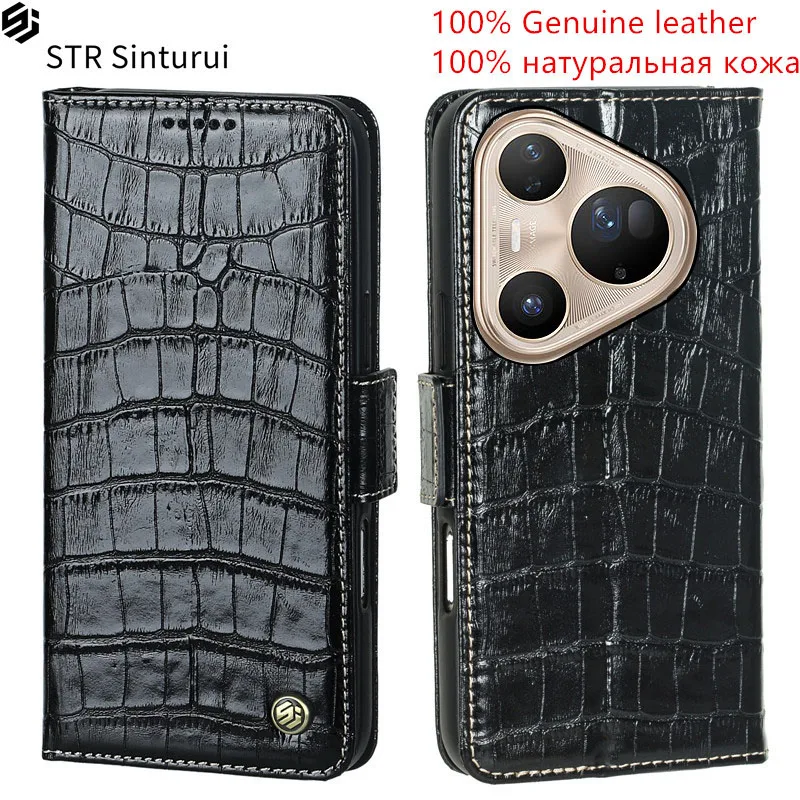 

STR 100% Genuine leather crocodile grain card Slot Wallet Cover For Huawei Pura 80 70 Ultra Pro+ Pro Flip shockproof phone Case