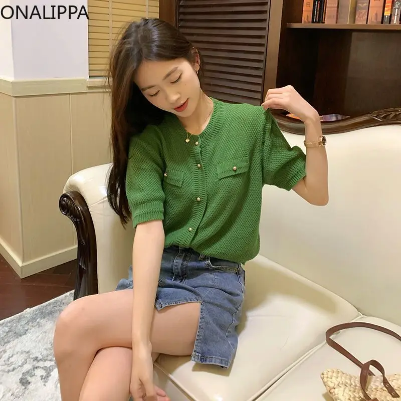 Onalippa Sweet Green Cardigan Thin Short Sleeves Single Breasted Solid Loose Knitted Cardigans Preppy Style Cropped Sweater