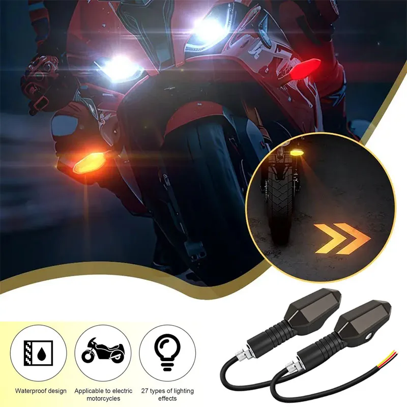 2Pcs Motorcycle Turn Signal Projection Light with Arrow Colorful Atmosphere Moto Universal Warning Lights 27DRL Modes Waterproof