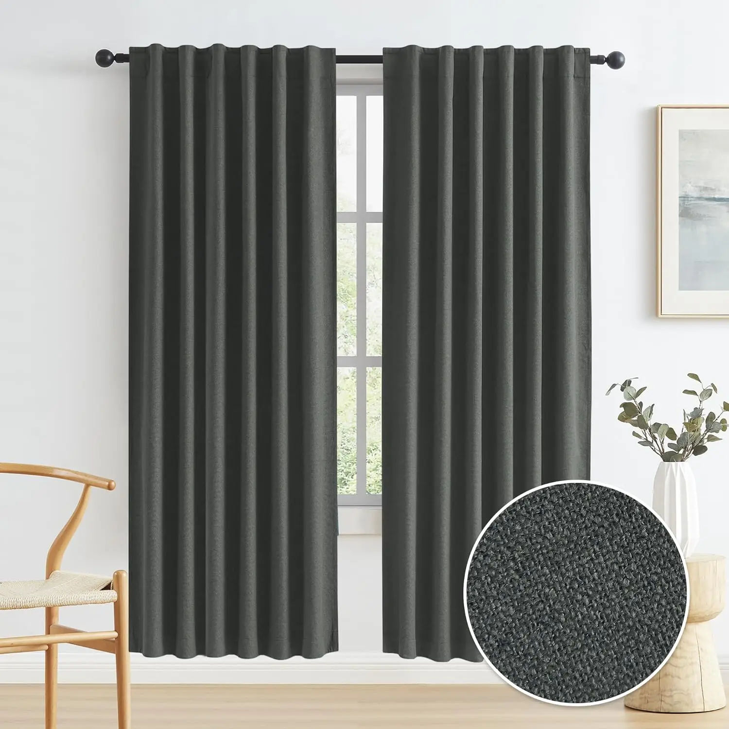 

80 Inch Blackout Linen Curtains 2 Panels, Sun Heat Blocking Closet Curtains for Bedroom Temporary Door Cover Room Divide
