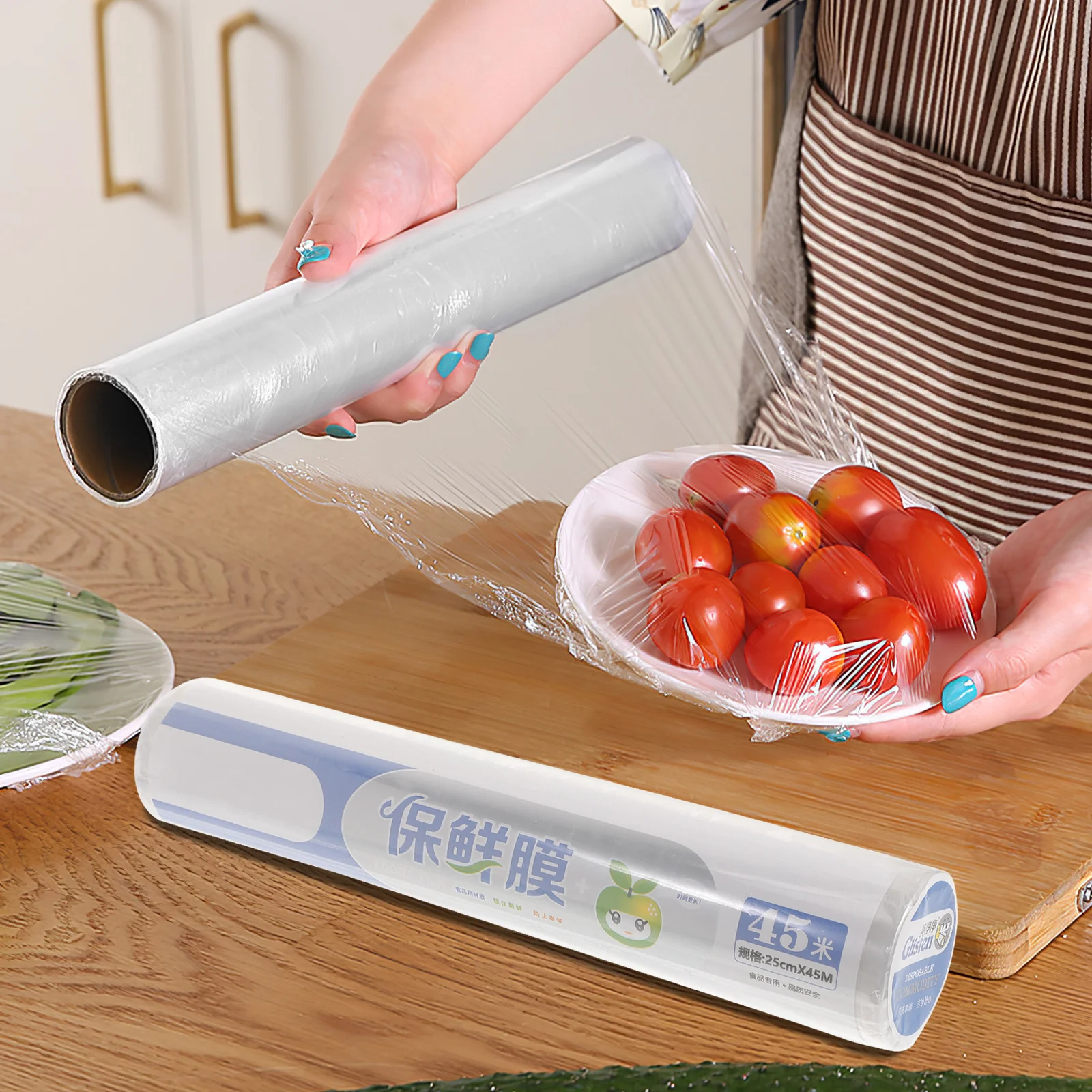 

2pcs 25Cm X 45M Pe Cling Wrap Roll Disposable Clear Film For Food Storage With Slide Cutter Kitchen Food Save Wrap