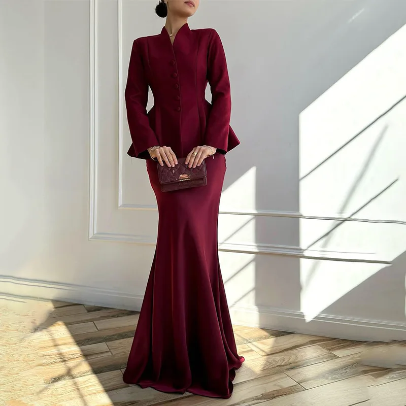 2025 nueva moda mujer color sólido de manga larga multi-top envuelto en la cadera falda larga conjunto Z040