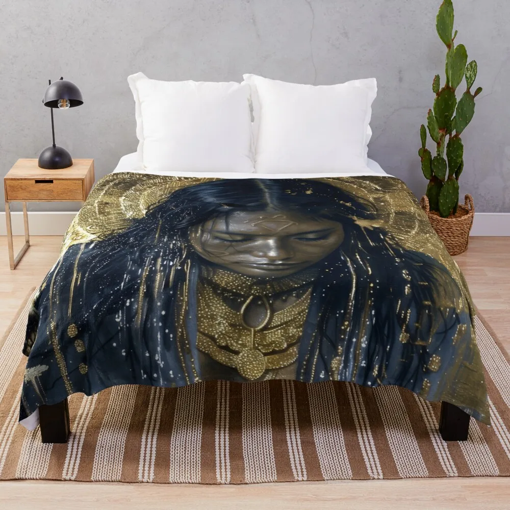 Taino Goddess Atabey Surreal Gold Art Throw Blanket valentine gift ideas Blankets For Bed Large Blankets