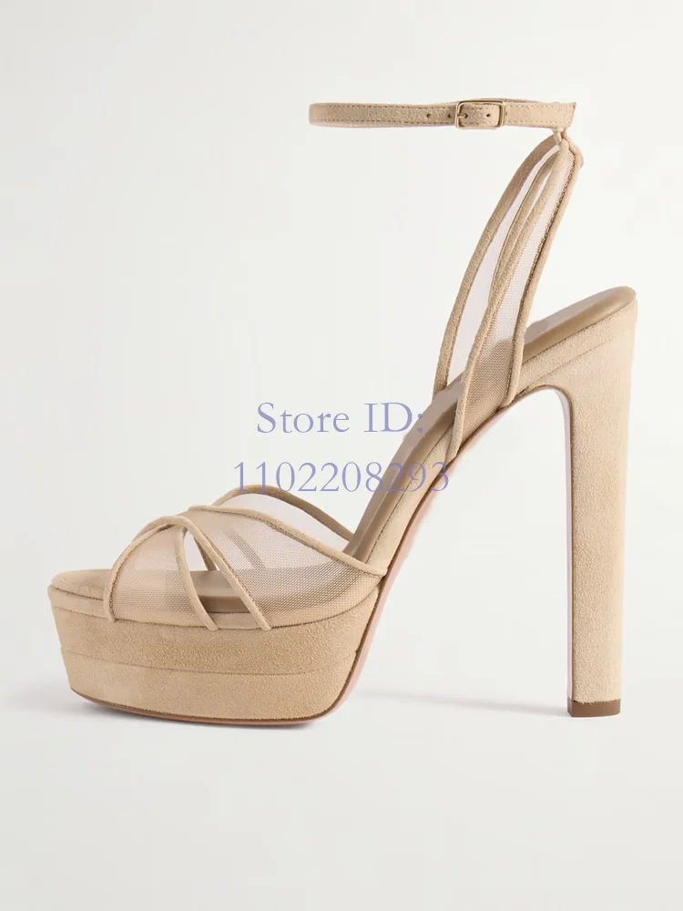 Crossover Tulle Straps Chunky High Sandals Suede Round Toe Platforms Cross-Tied Pumps Back Buckle Strap Women Dress Shoes 2024