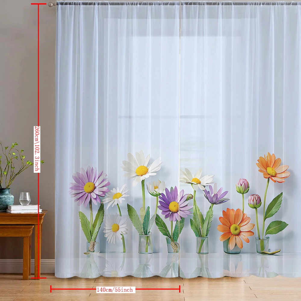 2PCS Home decoration daisy floral printed window screens with pole bags, suitable for kitchens, cafes, and living rooms