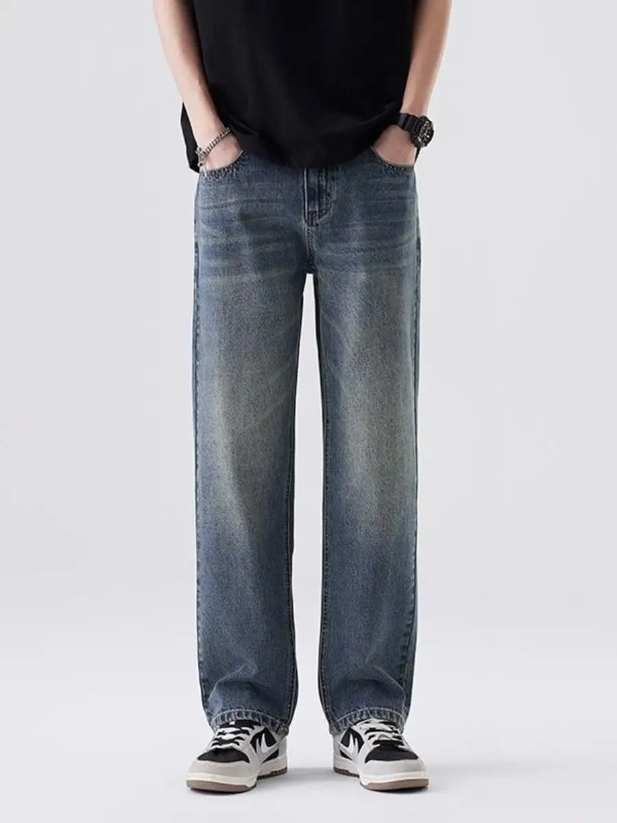 

Spring Summer Men's Slim Fit Straight Leg Jeans Nine Points Casual Loose Teenager Vintage Versatile mid Waist Washed Denim