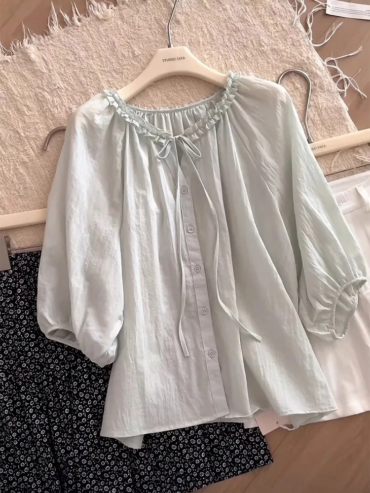 Korean Sle Fre Light een Bow Tie irt Women's Summer Unique Seven Sve Gentle round Ne Top Soft Fabric Pure Color