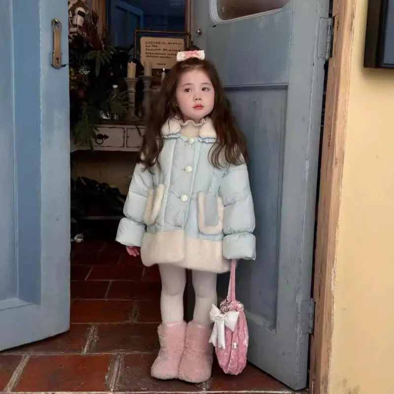 

Girls Padded Jacket Autumn Winter Pure Color Warm Coat Thickened Jacket Lapel Outerwear Comfortable Windproof Children Clothing