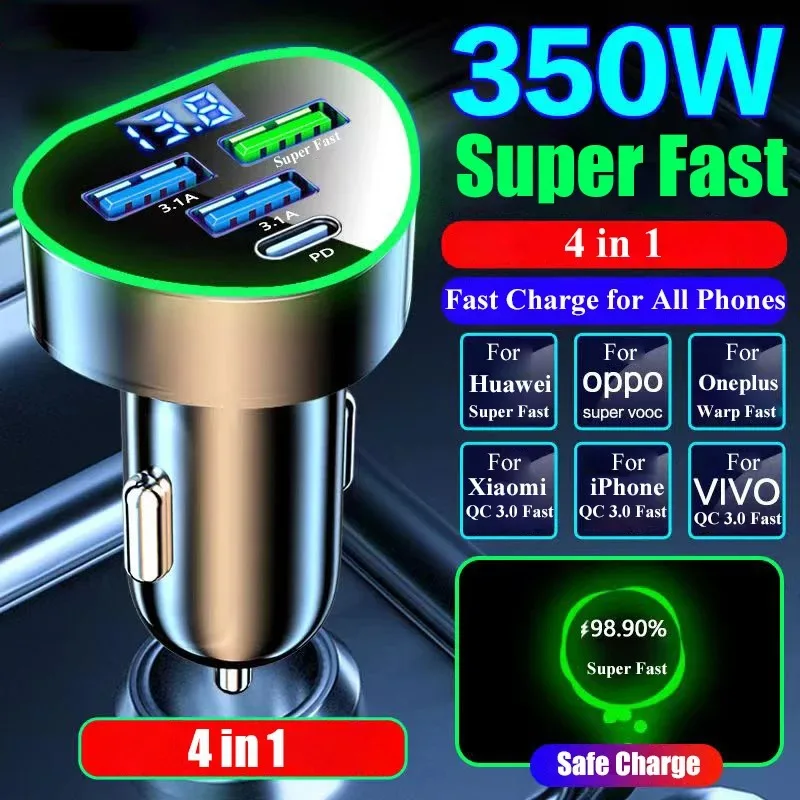 350W PD Car Charger QC3.0 Fast Charge Four in One 12-24v LED Digital Display Glow in The Night for IPhone Samsung Huawei Oppo