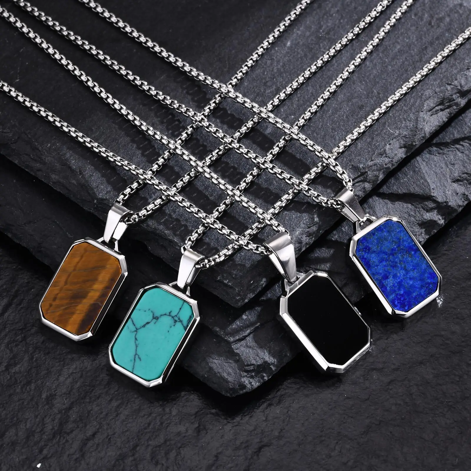 Edelstahl Schmuck Rechteck Anhänger Geometrische Kette Halsketten Für Frauen Männer Papa Mama Freundin Valentinstag Geschenk – Detail 4