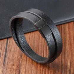 Fashion Braided Rope Wrap Black Leather Bracelets for Men Classic Style Stainless Steel Bangle Couple Charm Jewelry Gifts