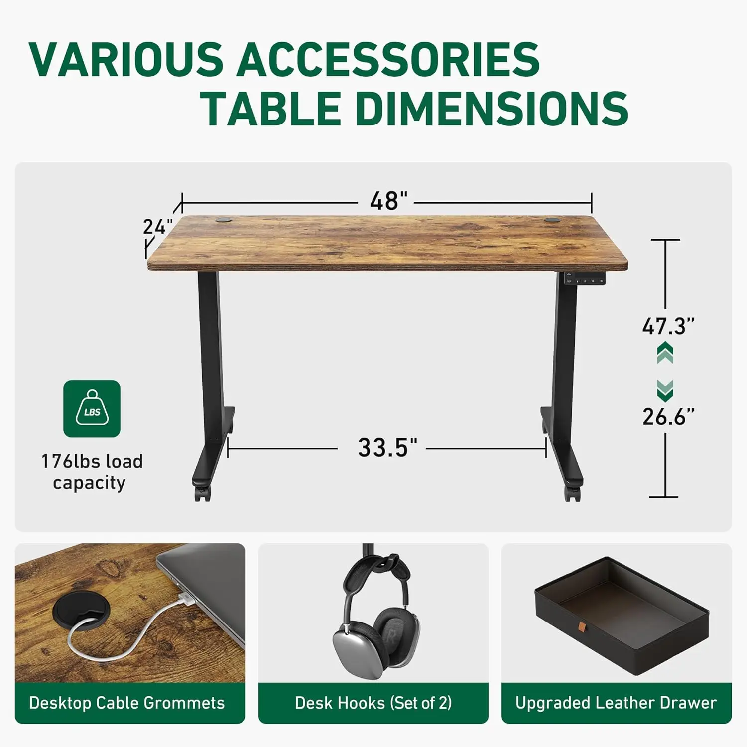 Elétrica Standing Secretária com Armazenamento, Standing Secretária com gaveta, Altura ajustável, Sit Stand, Casa e Escritório, 48x24 polegadas