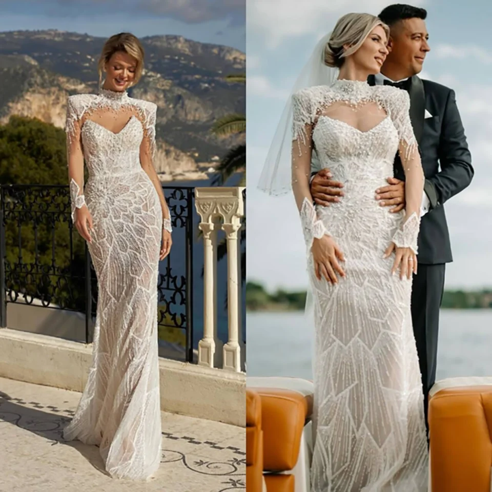 

Elegant Mermaid Wedding Dresses Sleeveless Appliques V-Neck Sweep Train Lace Bridal Gowns Plus Size Formal Occasion Customized