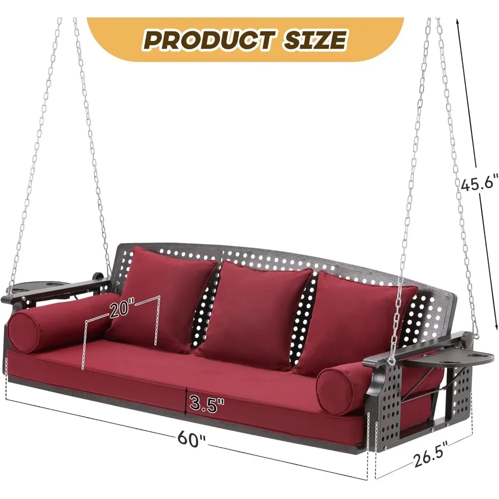 3 Seat Porch Swing, Patio Swing Bench with Cup Holders & 3 Back Cushions, Swing Chair with Chains