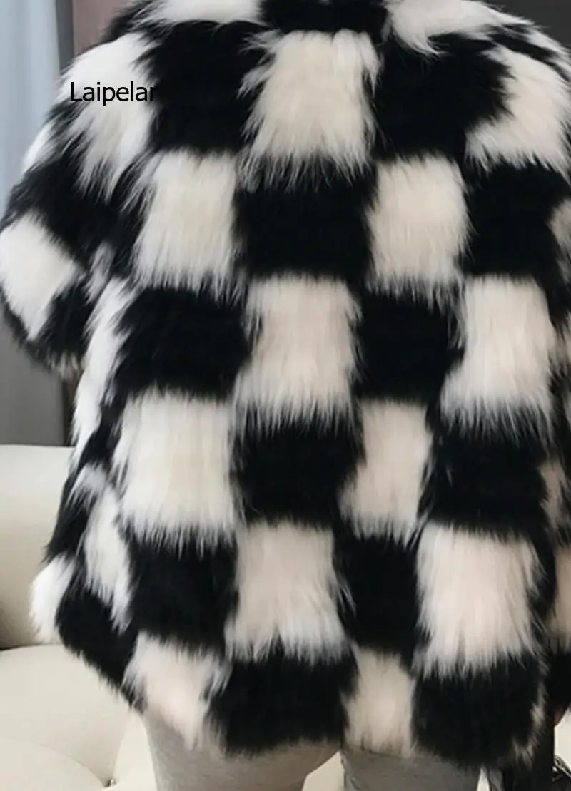 Jacket Women Winter Fur Coat Hanbok Women\'s Black and White Checkerboard Contrast Color Coat Women\'s Fur Coat