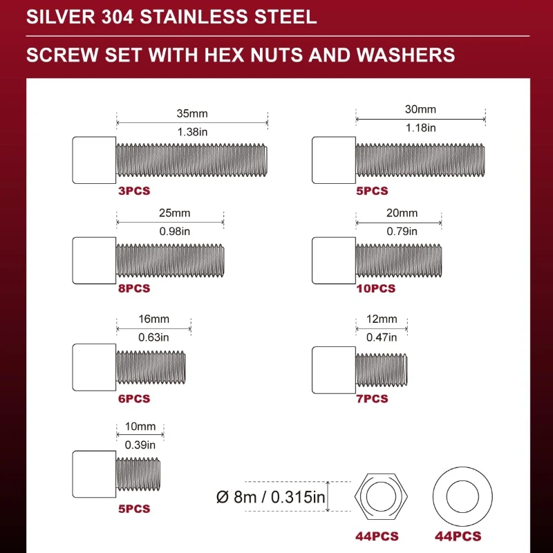 132PCS M8 Screw Set, Stainless Steel Cylinder Screws with Hex Nuts and Washer Set, Hex Screws Machine Screw Combo