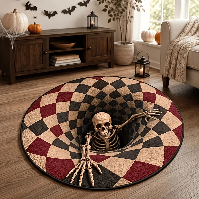 Halloween Round Carpet 3D Vortex Illusion Skeleton Printed Floor Mat Festive Home Decor Plaid Pattern Large Area Rugs