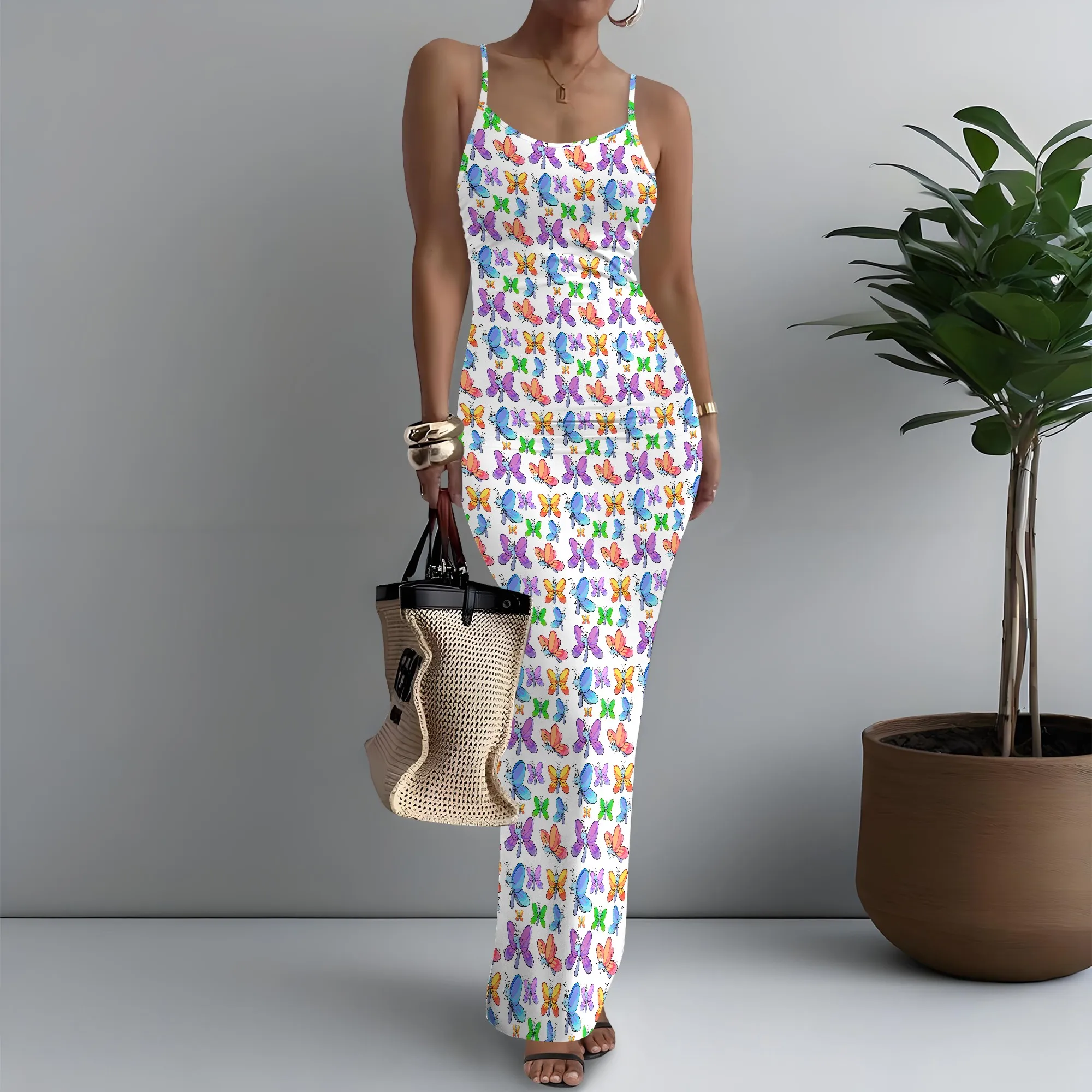

Women's Spaghetti Strap Maxi Dress Y2K Butterfly Print Hip XS-3XL