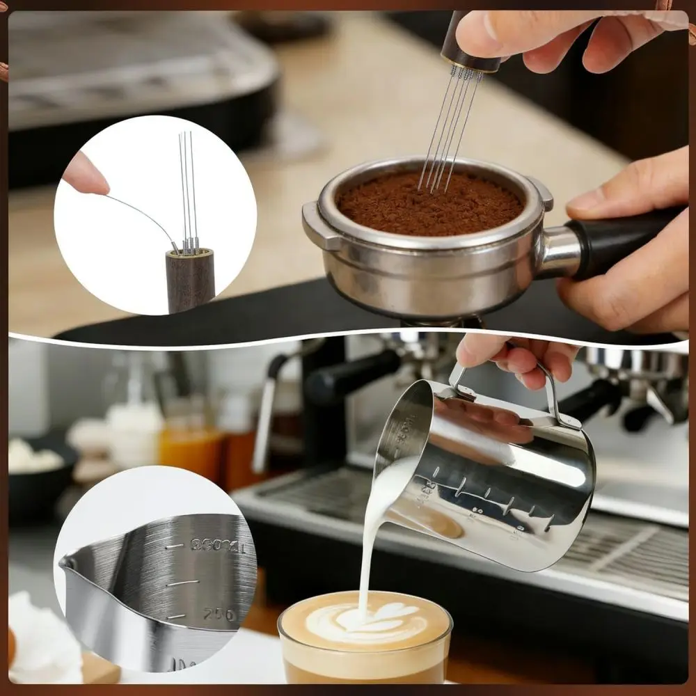 Sapele Wood Espresso Organizer 7 Piece Set Coffee Distributor Spring Tamper Needle Distribution Tool Dosing Funnel Barista Kit