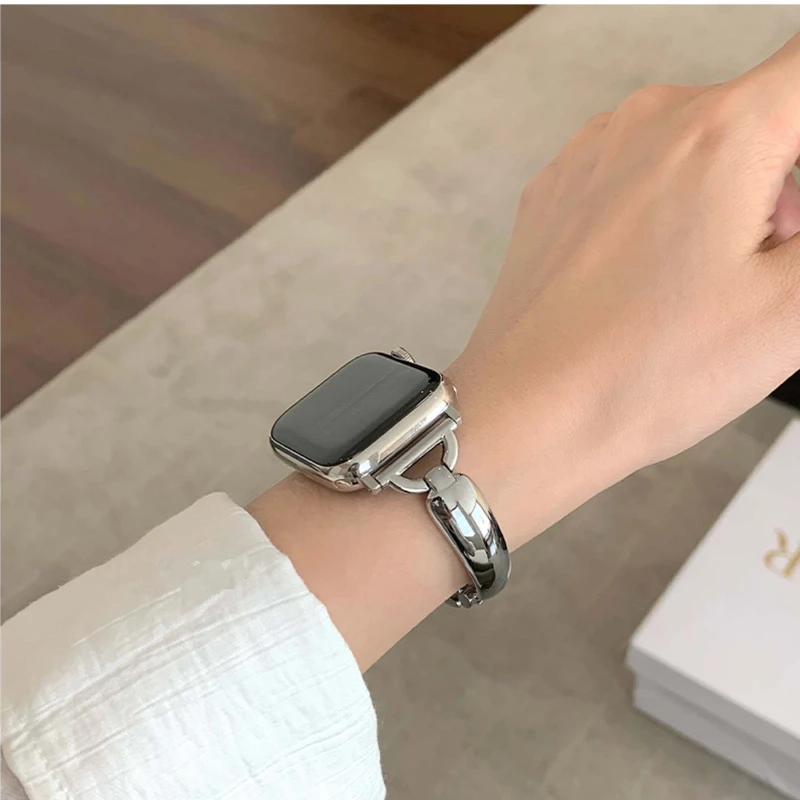 الفاخرة المعادن الفرقة ل iWatch الترا سلسلة 10 9 8 7 SE 6 5 4 سليم فتاة سوار للساعة أبل 38 مللي متر 40 41 42 44 45 46 49 مللي متر