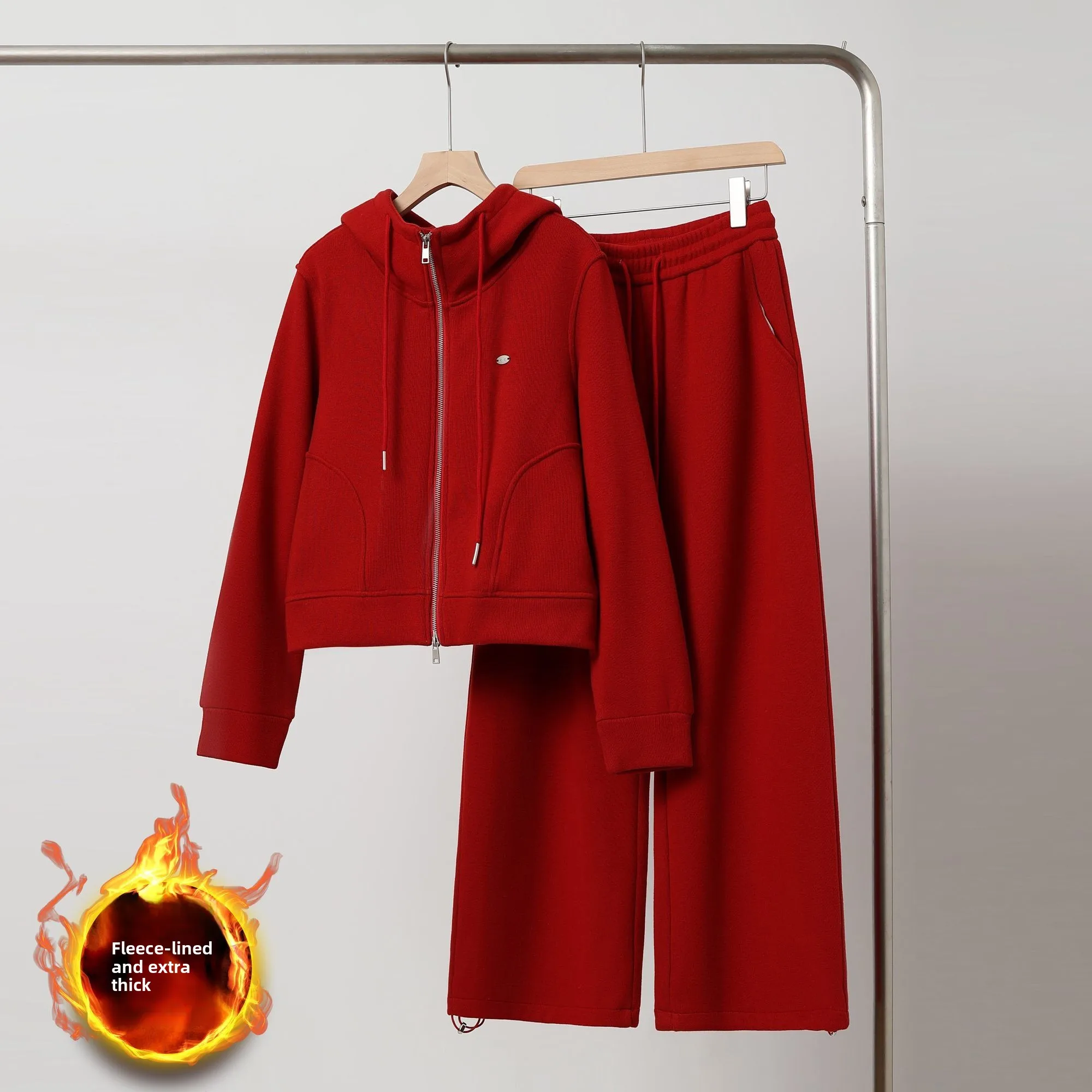 

Women's Spor Fce Lined Wide Leg Pants Outfit Two Piece Set Casual New Year's Red Hoodie And Pants Ensemble Breathable Po...