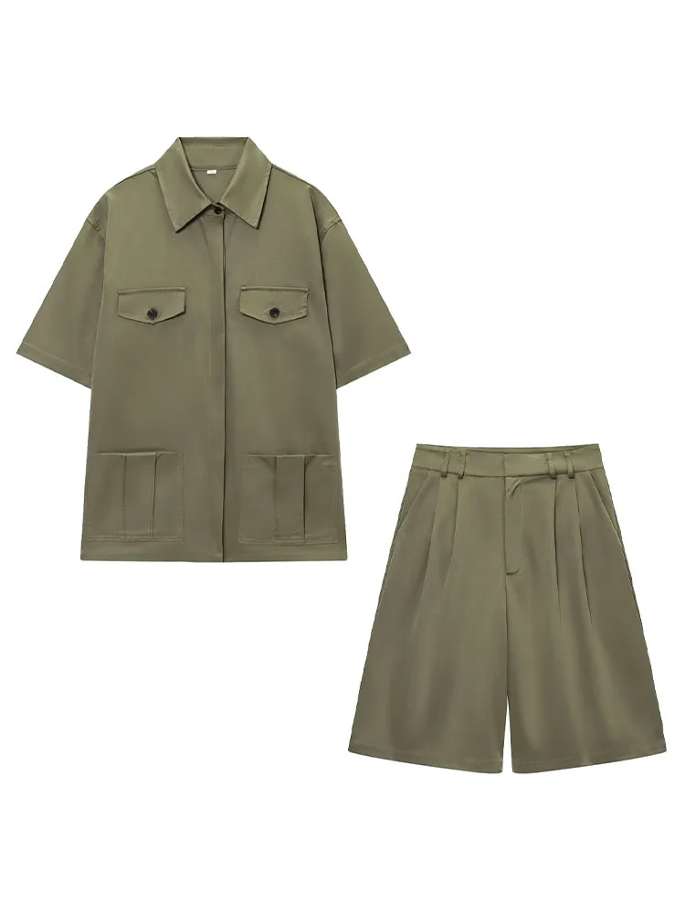 HH Women New Fashion Button Pocket Decoration Short Sleeve Lapel Shirts+High Waist Pleated Zipper 3-Color Casual Shorts Suit